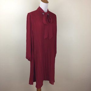NWT NANETTE LEPORE Heritage Red Pleats Tie Collar Long Sleeve Dress